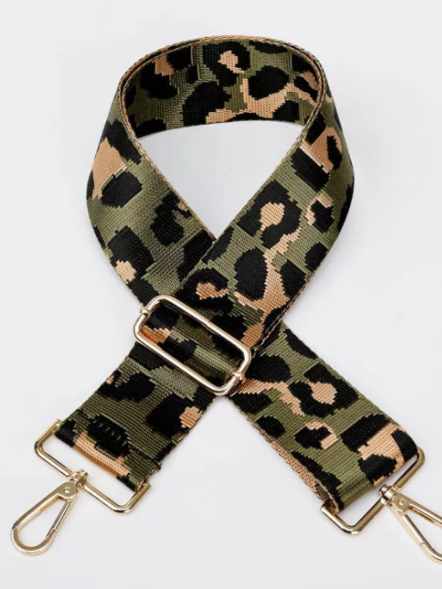 GREEN GROUND LEOPARD ADJUSTABLE ANIMAL PRINT BAG STRAP - SILVER OR GOLD HARDWARE