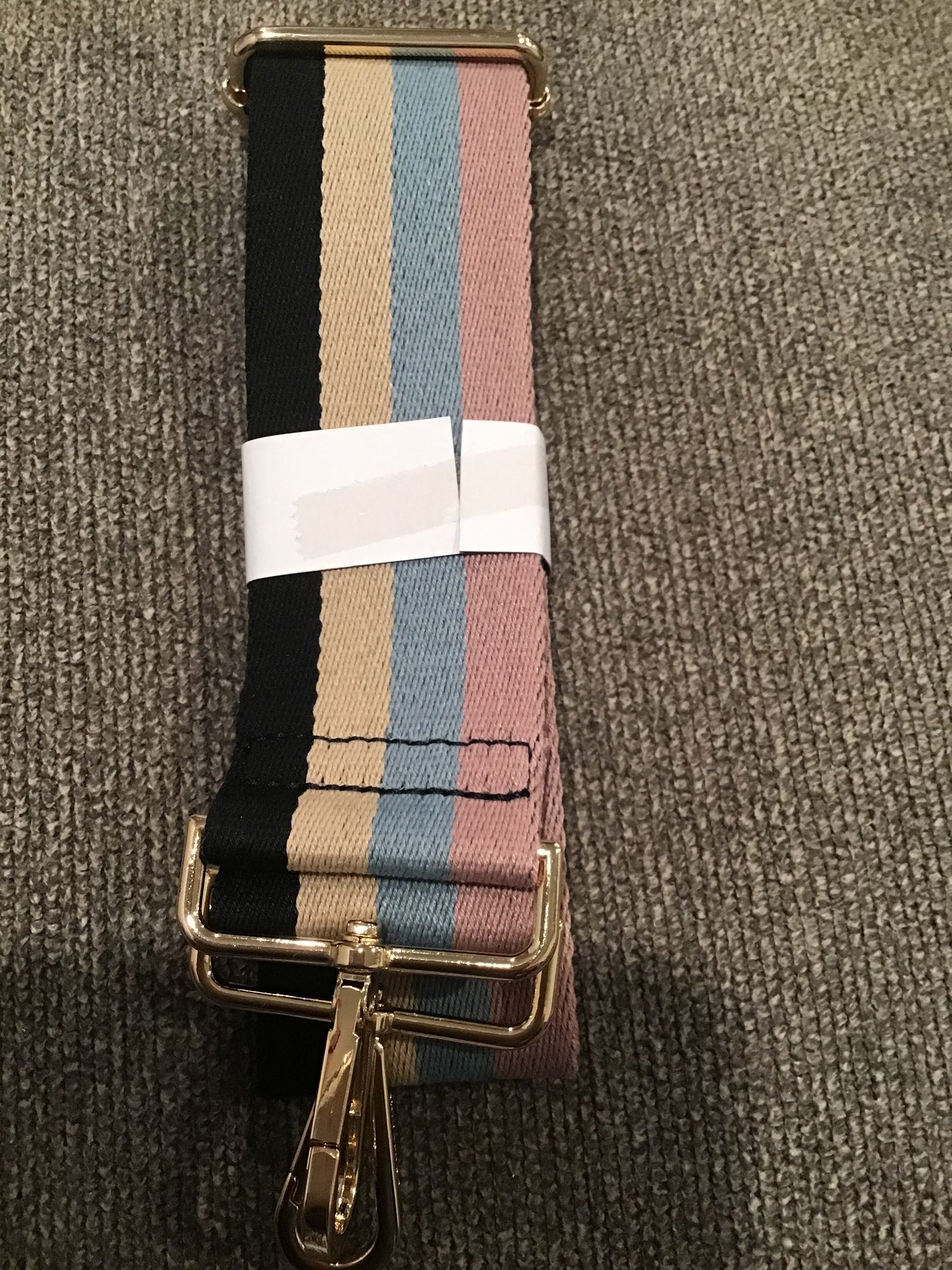 4-COLOR VERTICAL STRIPE 2" COTTON WEB ADJUSTABLE STRAP- BLACK/CREAM/BLUE/PINK - GOLD HARDWARE