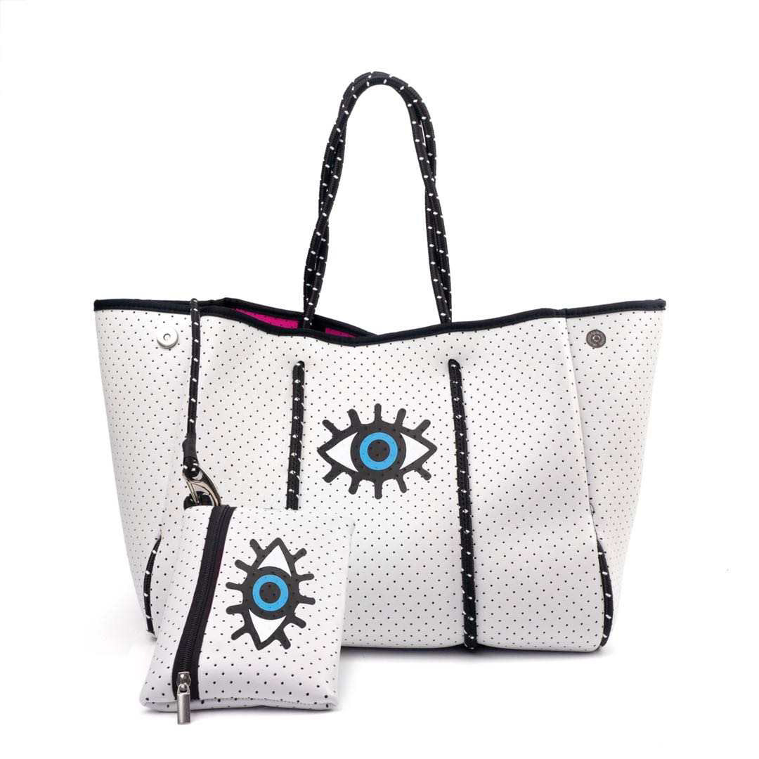 White Evil Eye Neoprene Tote Peace Love Fashion Wholesale