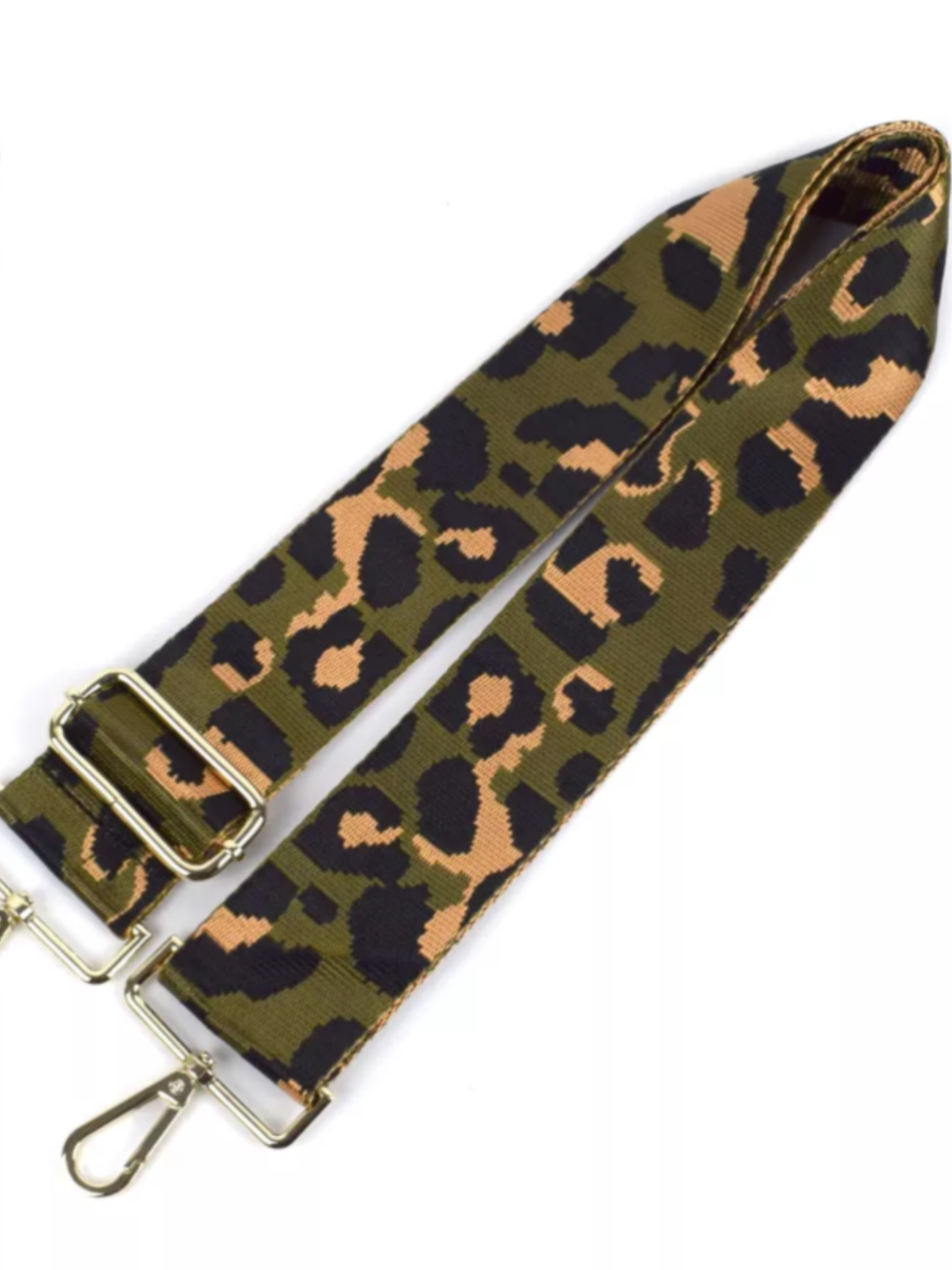 GREEN GROUND LEOPARD ADJUSTABLE ANIMAL PRINT BAG STRAP - SILVER OR GOLD HARDWARE