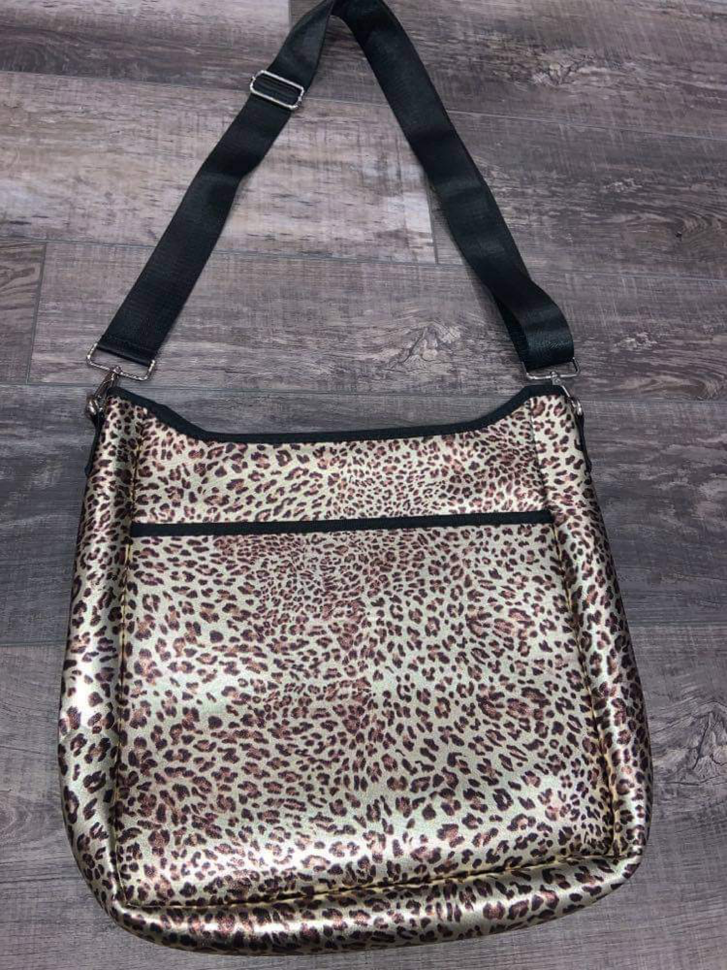 Neoprene Messenger with Solid Black Strap - Metallic Brushed Gold Leopard