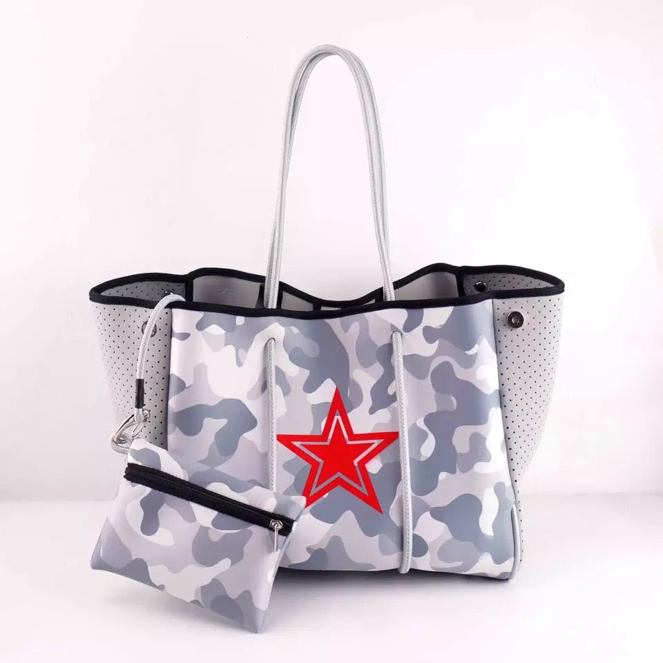Grey Camo with Red Star Neoprene Tote – Peace Love Fashion Wholesale