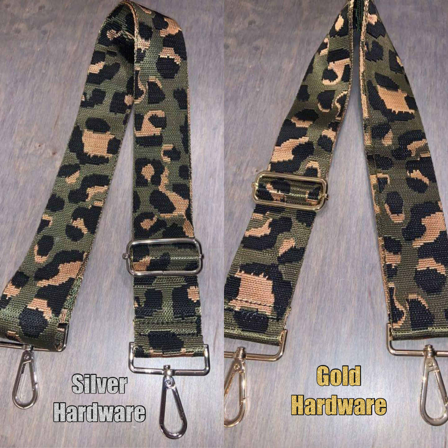 GREEN GROUND LEOPARD ADJUSTABLE ANIMAL PRINT BAG STRAP - SILVER OR GOLD HARDWARE