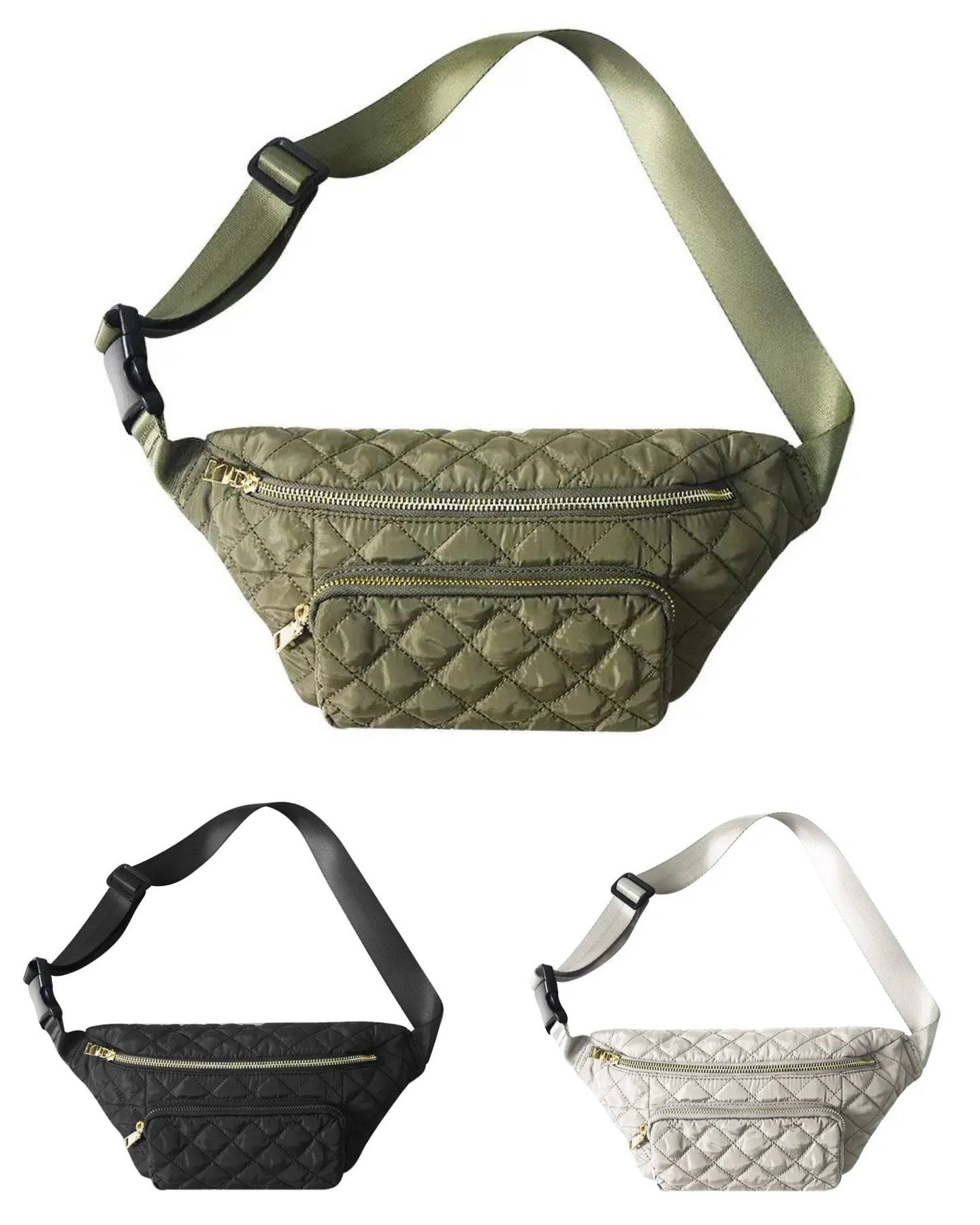 Nylon Quilted Puffer Sling/Chest Bag - Black, Olive or Ivory