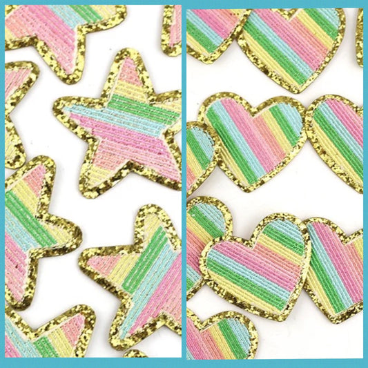 Pastel Rainbow Striped Hearts or Stars Self Adhesive Patch