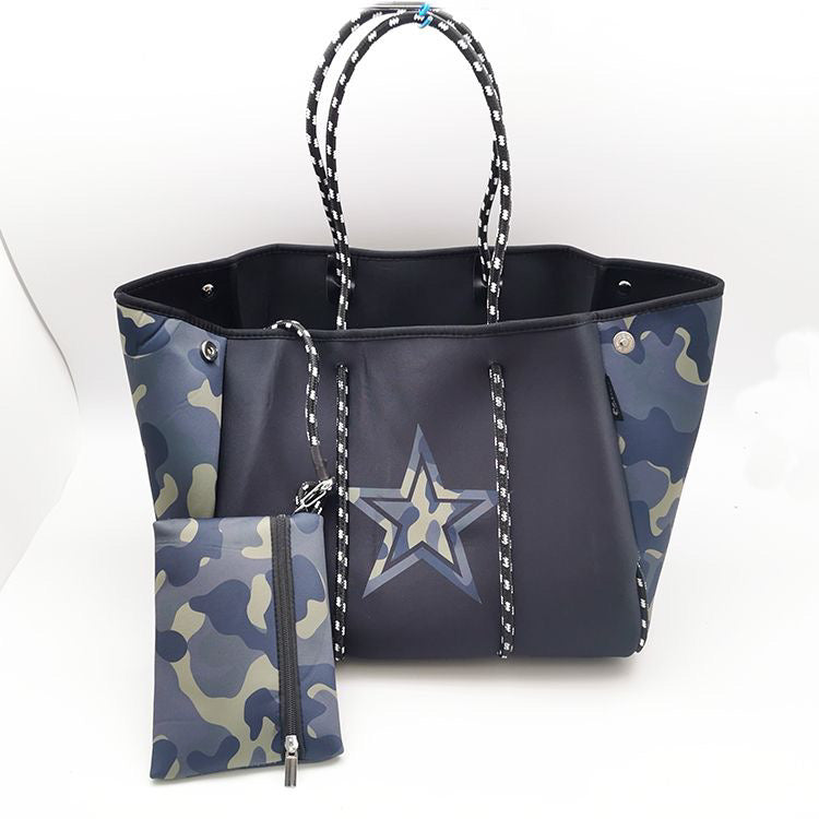 Black Neoprene Tote with Camo Star and Side Panels