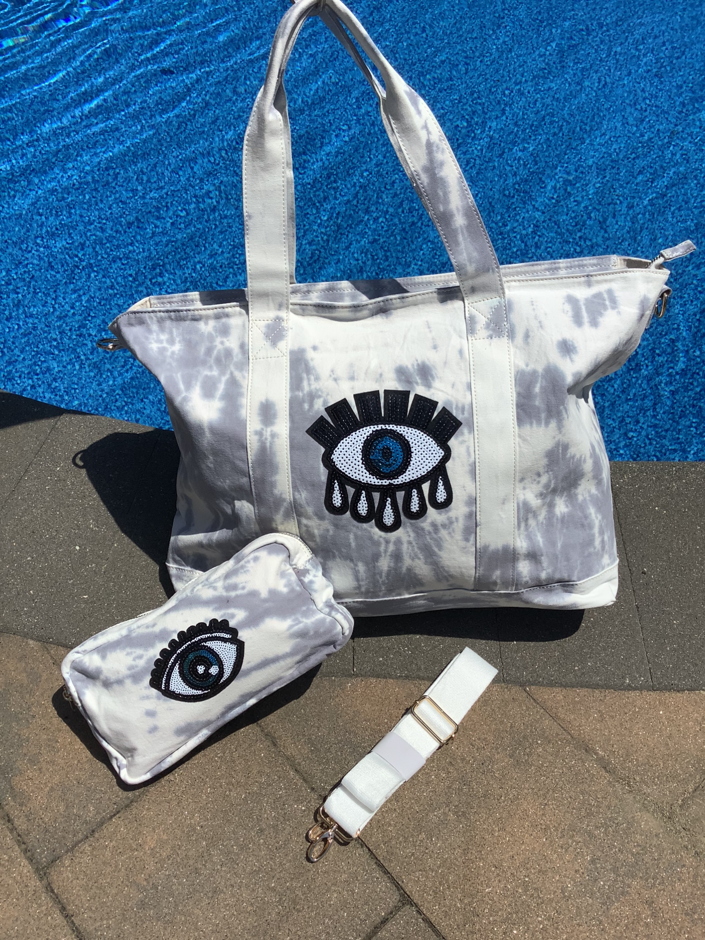 Sequin Evil Eye Tiedye Canvas Tote Bag, Pouch & Strap Set - Grey