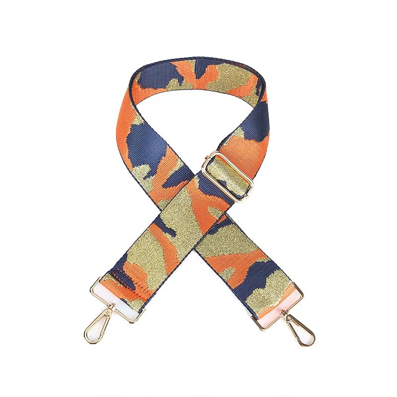 CAMOUFLAGE ADJUSTABLE BAG STRAP W/METALLIC THREAD - NAVY/ORANGE/METALLIC GOLD