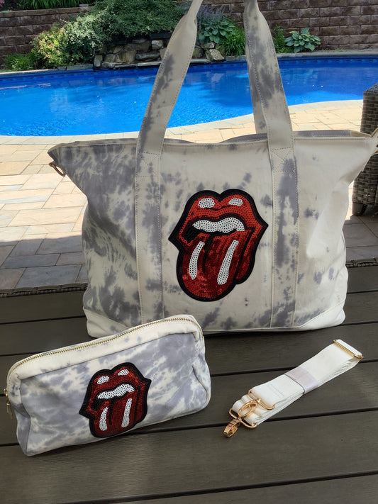Sequin Stones Tongue Tiedye Canvas Tote Bag, Pouch & Strap Set - Grey