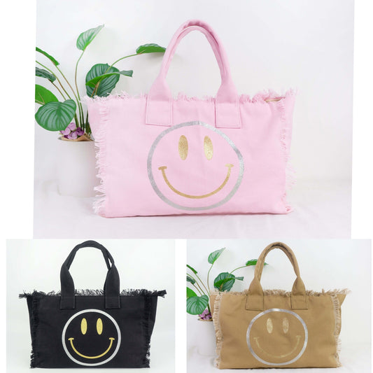 Metallic Gold Silver Smiley Face Canvas Fringe Tote - Assorted Colors