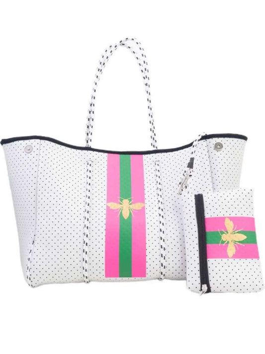 White Metallic Neoprene Tote with Gold Bee 💖🐝💚