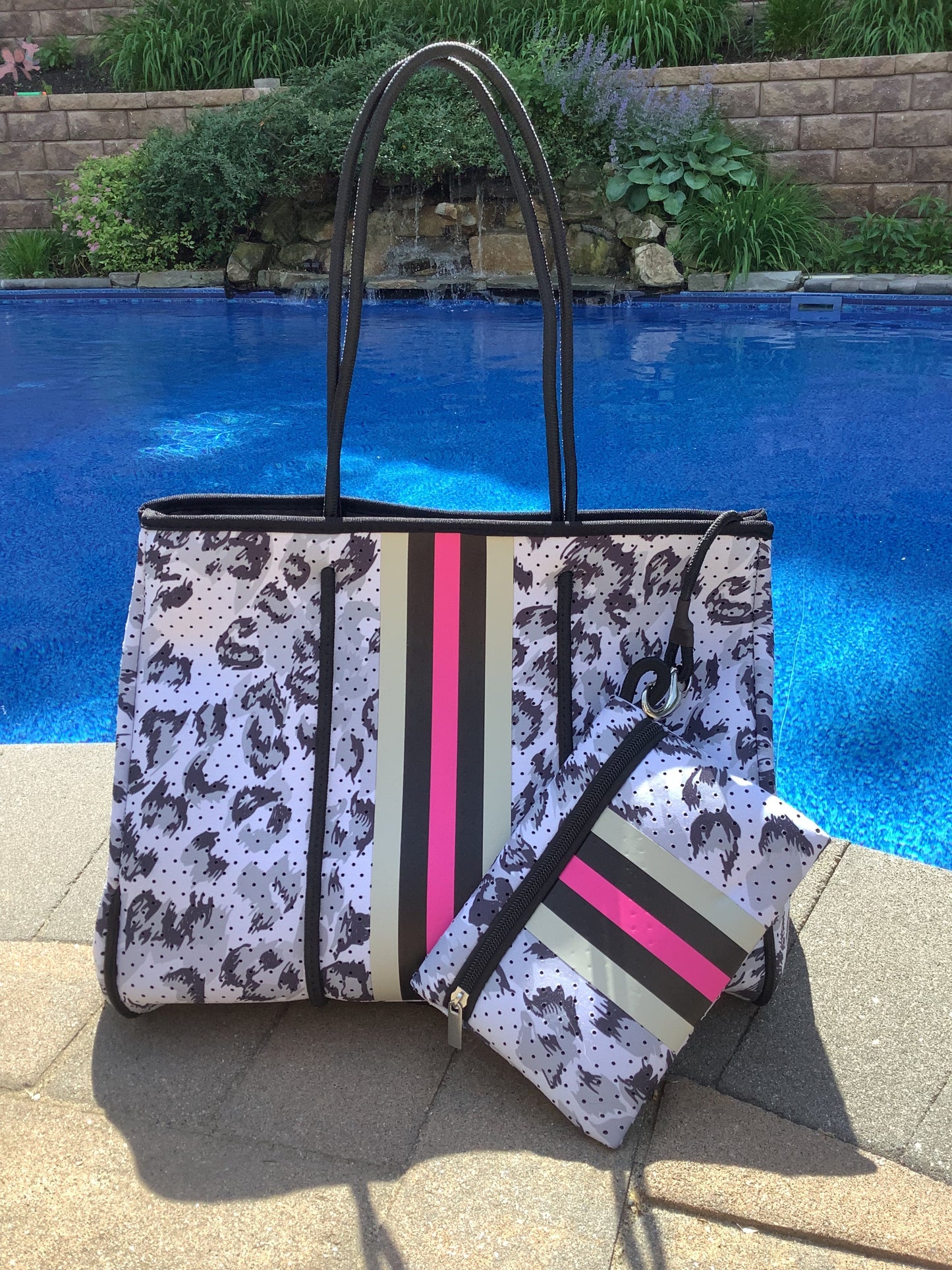 Leopard Neoprene Tote with Pink Stripe