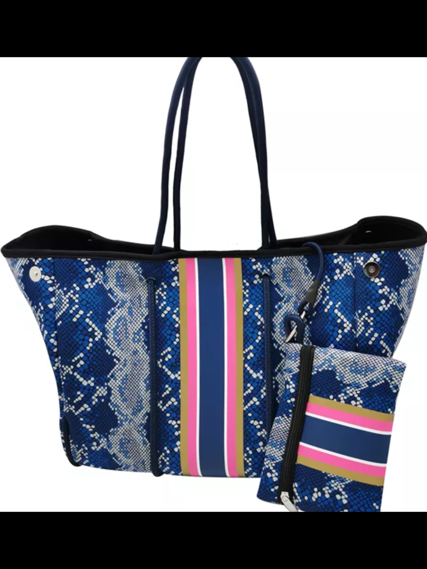 Blue Snake Pink/Gold Stripe Neoprene Tote