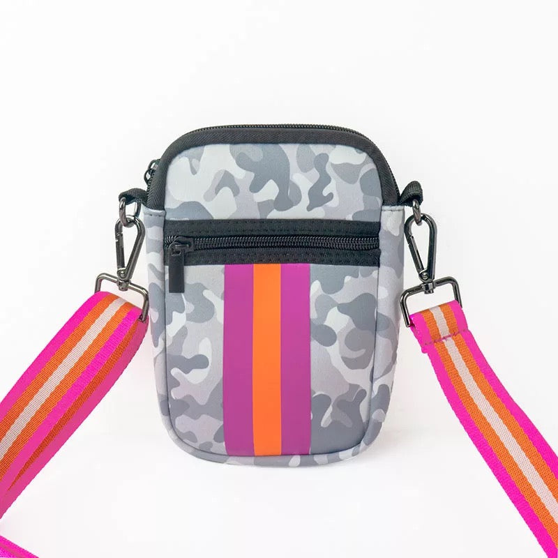 GREY CAMO WITH LAVENDER & ORANGE MULTI ZIPPER NEOPRENE PHONE HOLDER