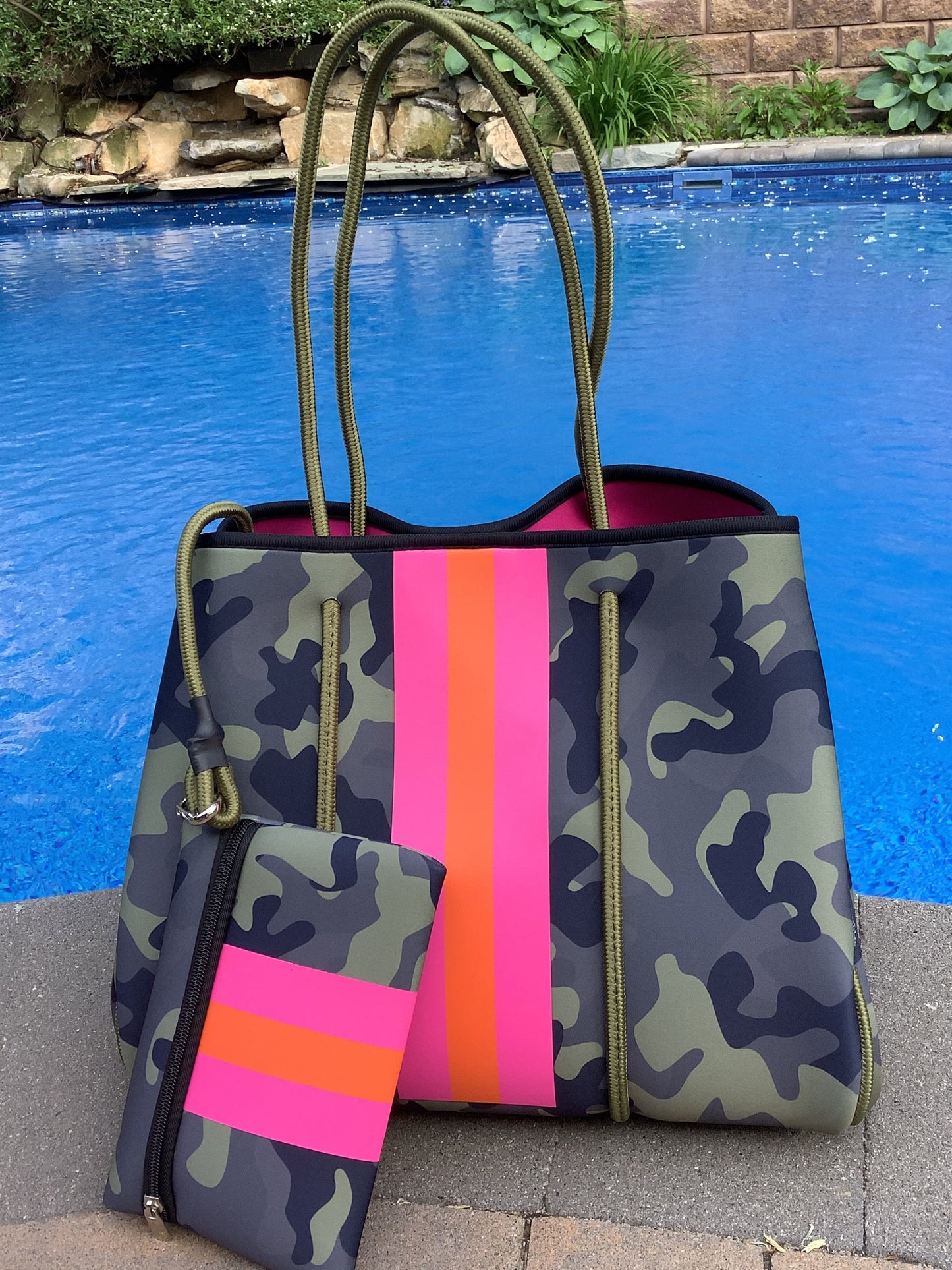 Green Camo with Neon Orange/Lavender Stripe Neoprene Tote bag 🧡💜 – Peace  Love Fashion Wholesale