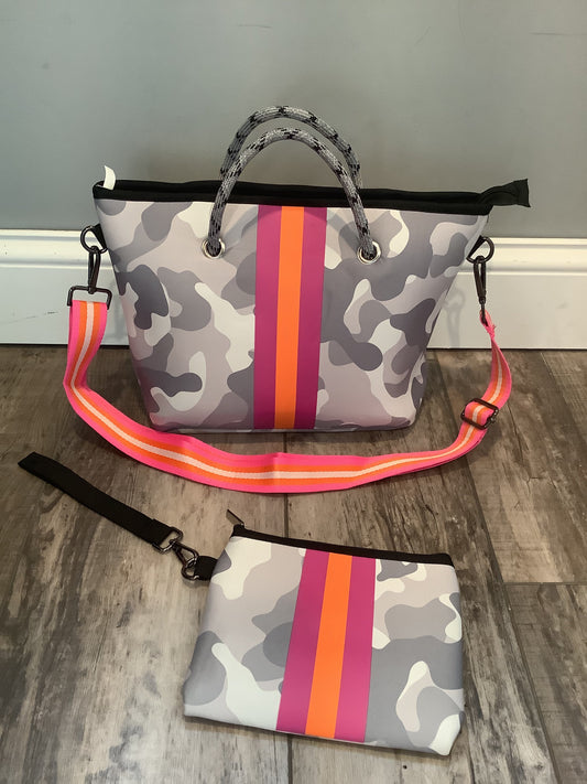 Grey Camo with Lavender & Orange Stripe Mini cross shoulder neoprene bag