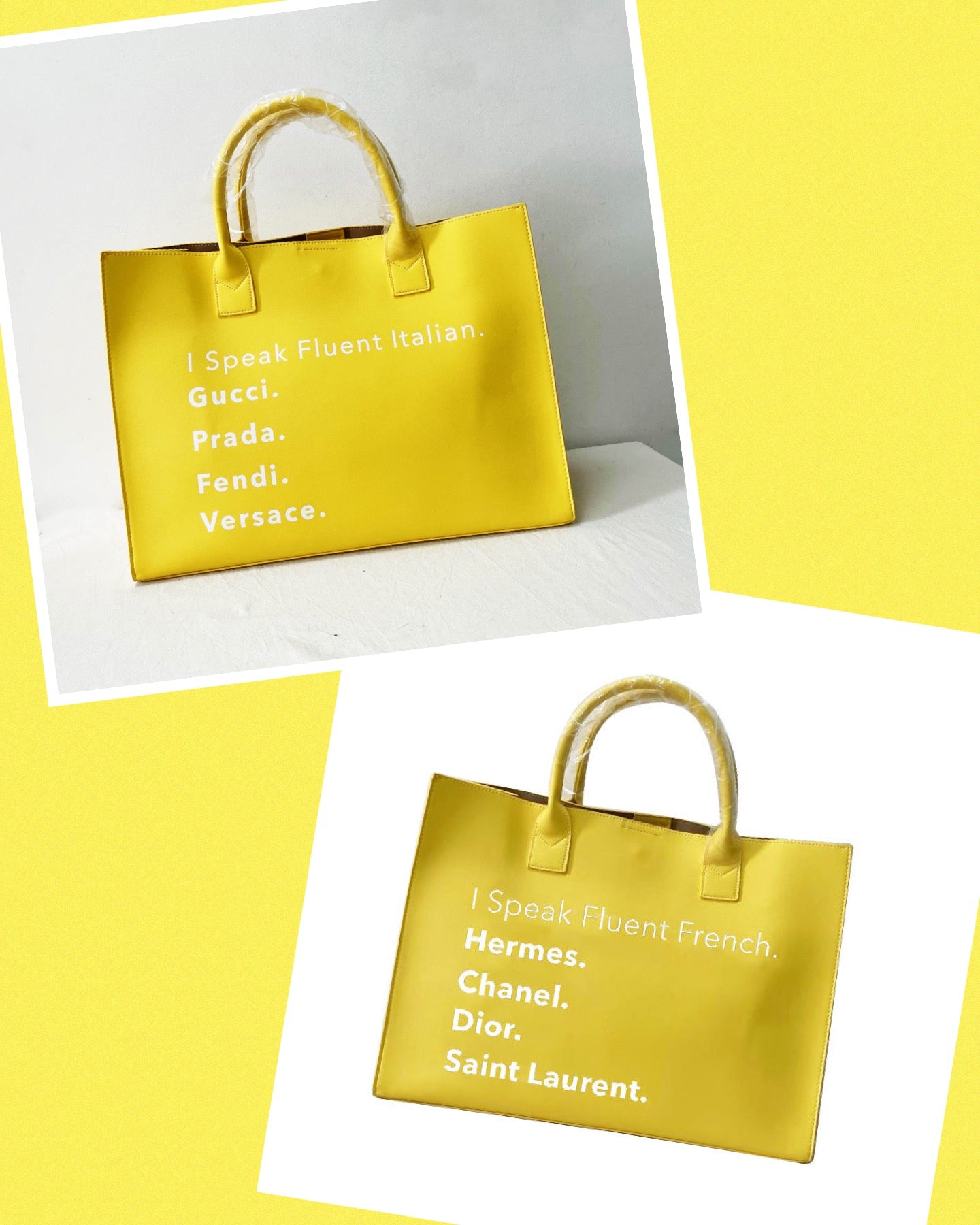 I Speak Italian or French Vegan Leather Tote - Lemon