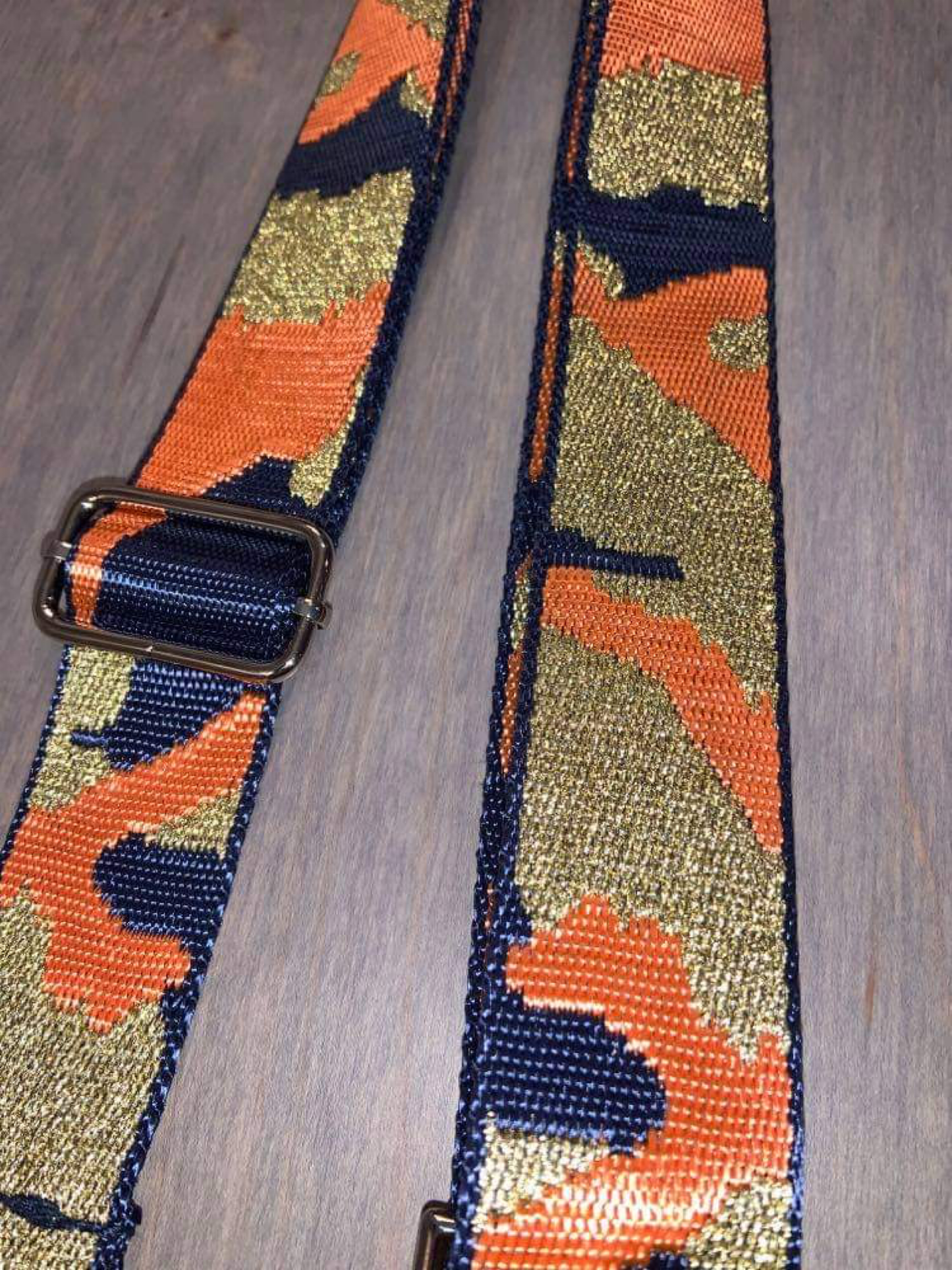 CAMOUFLAGE ADJUSTABLE BAG STRAP W/METALLIC THREAD - NAVY/ORANGE/METALLIC GOLD