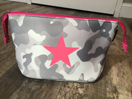 Neoprene Cosmetic case/ Clutch - Grey Camouflage w/ Pink Star