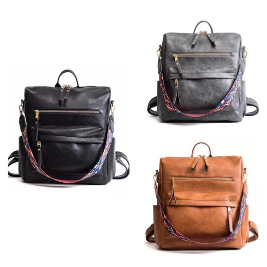 Solid Vegan Leather Convertible Backpack - Black, Camel or Grey