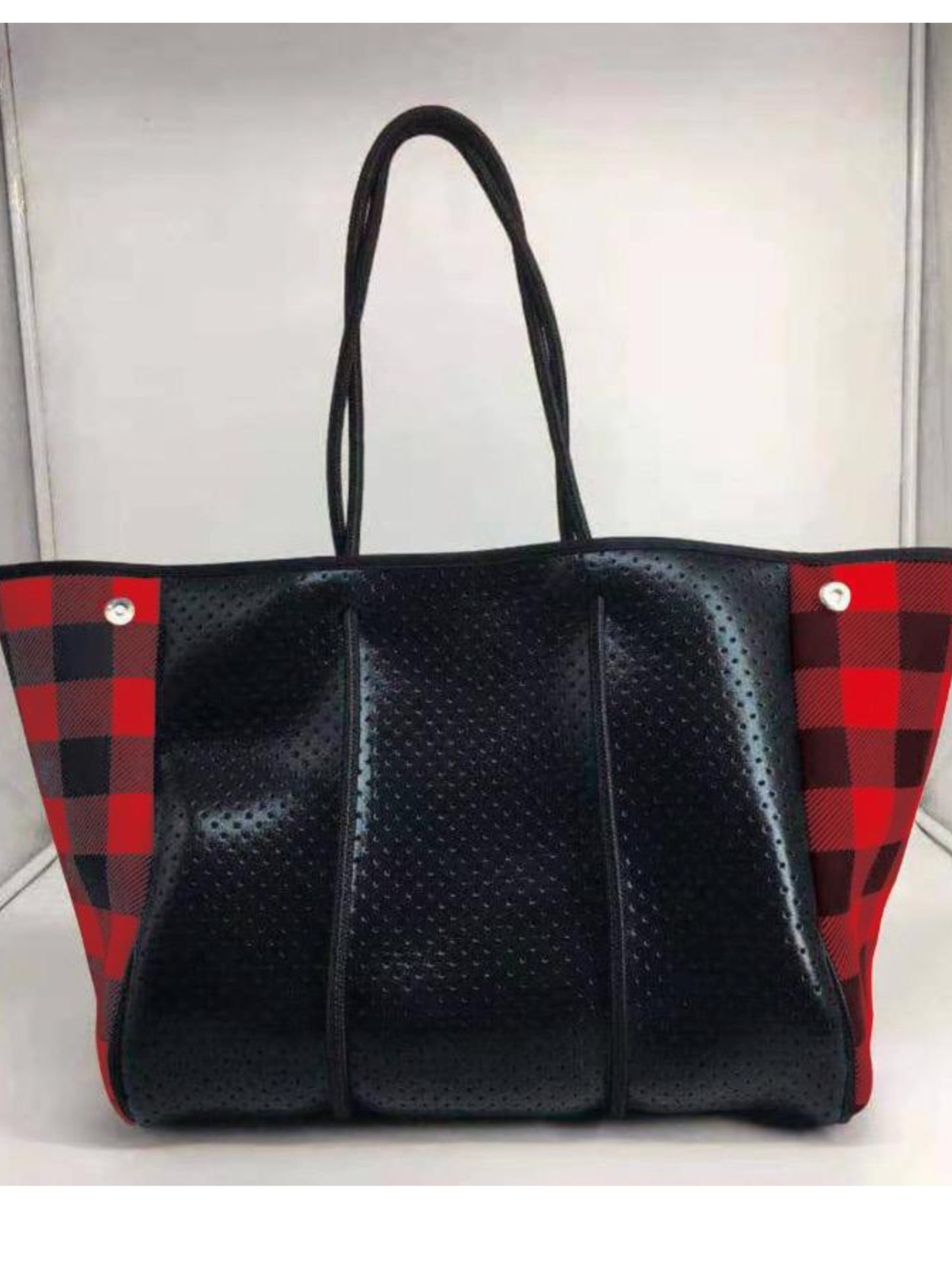 Metallic Black with Red Plaid Neoprene Tote ❤️🖤