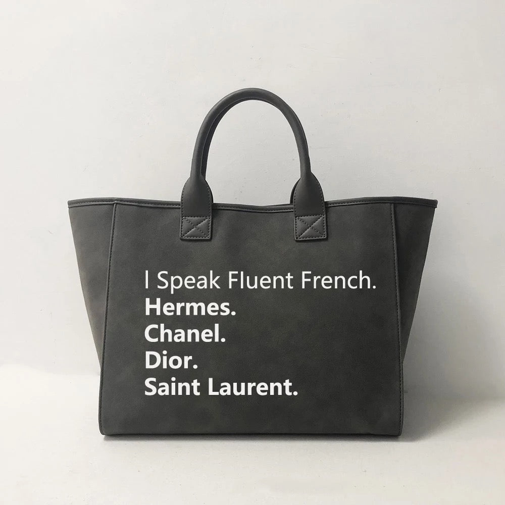 Speak French Tote - Camel, Grey, Black