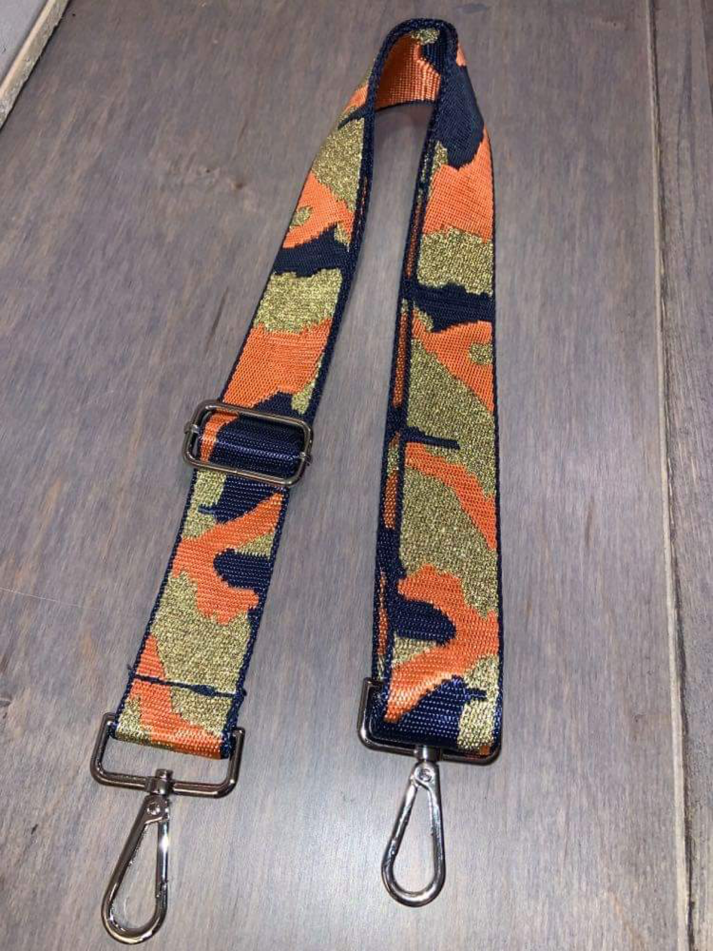 CAMOUFLAGE ADJUSTABLE BAG STRAP W/METALLIC THREAD - NAVY/ORANGE/METALLIC GOLD