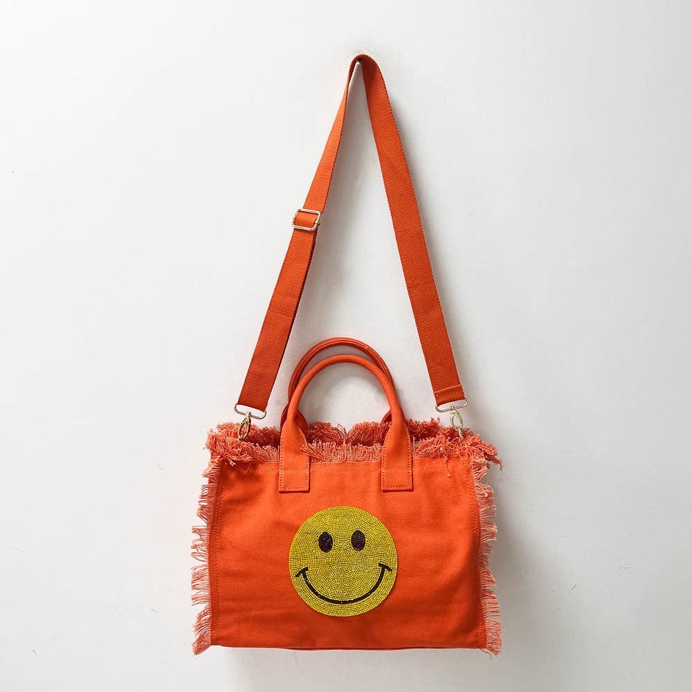 Bling Smiley 😊 Face Small Fringe Canvas Tote With Solid Strap