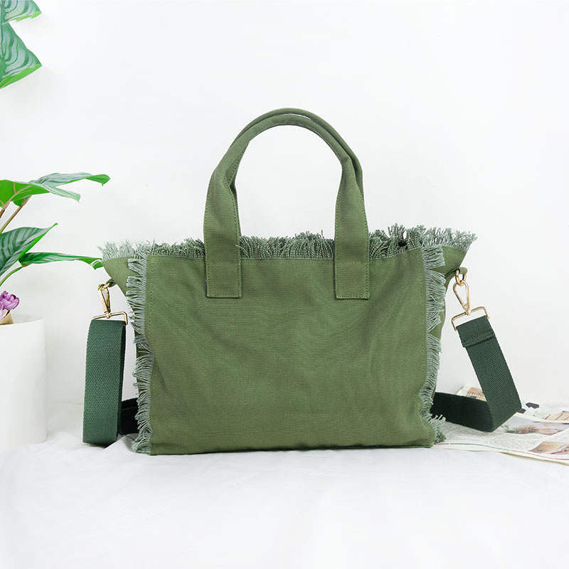 Small Fringe Canvas Tote With Solid Strap - Assorted colors