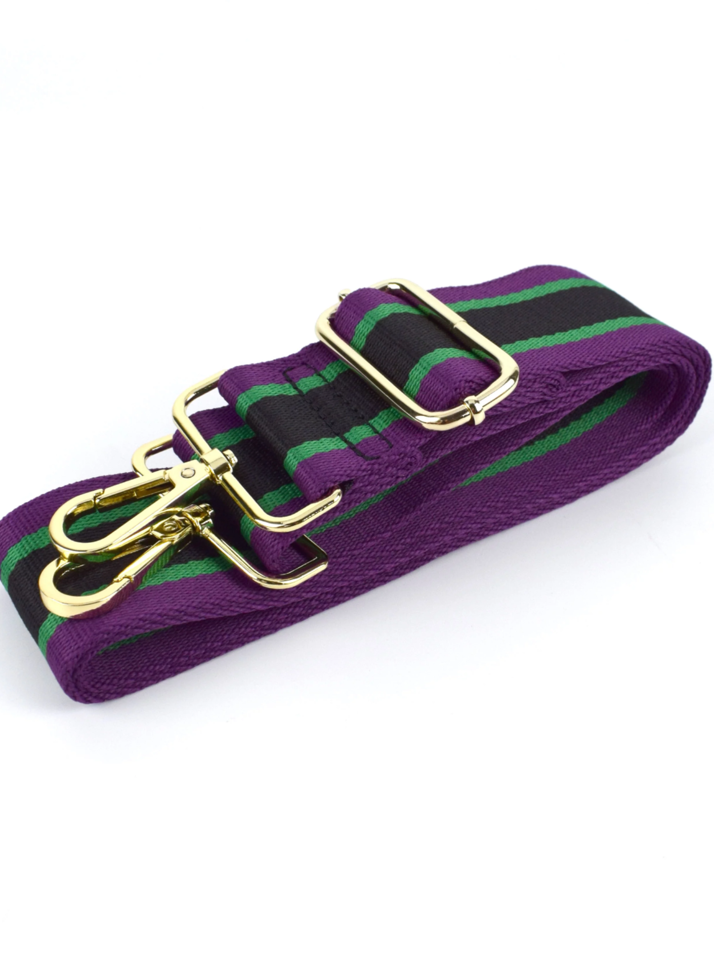 Black, Purple, Green Striped Bag Strap with gold hardware-  5 cm width   💜💚🖤