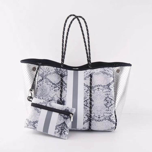 Snakeskin Neoprene Tote With Grey Stripe & Silver Side Panels