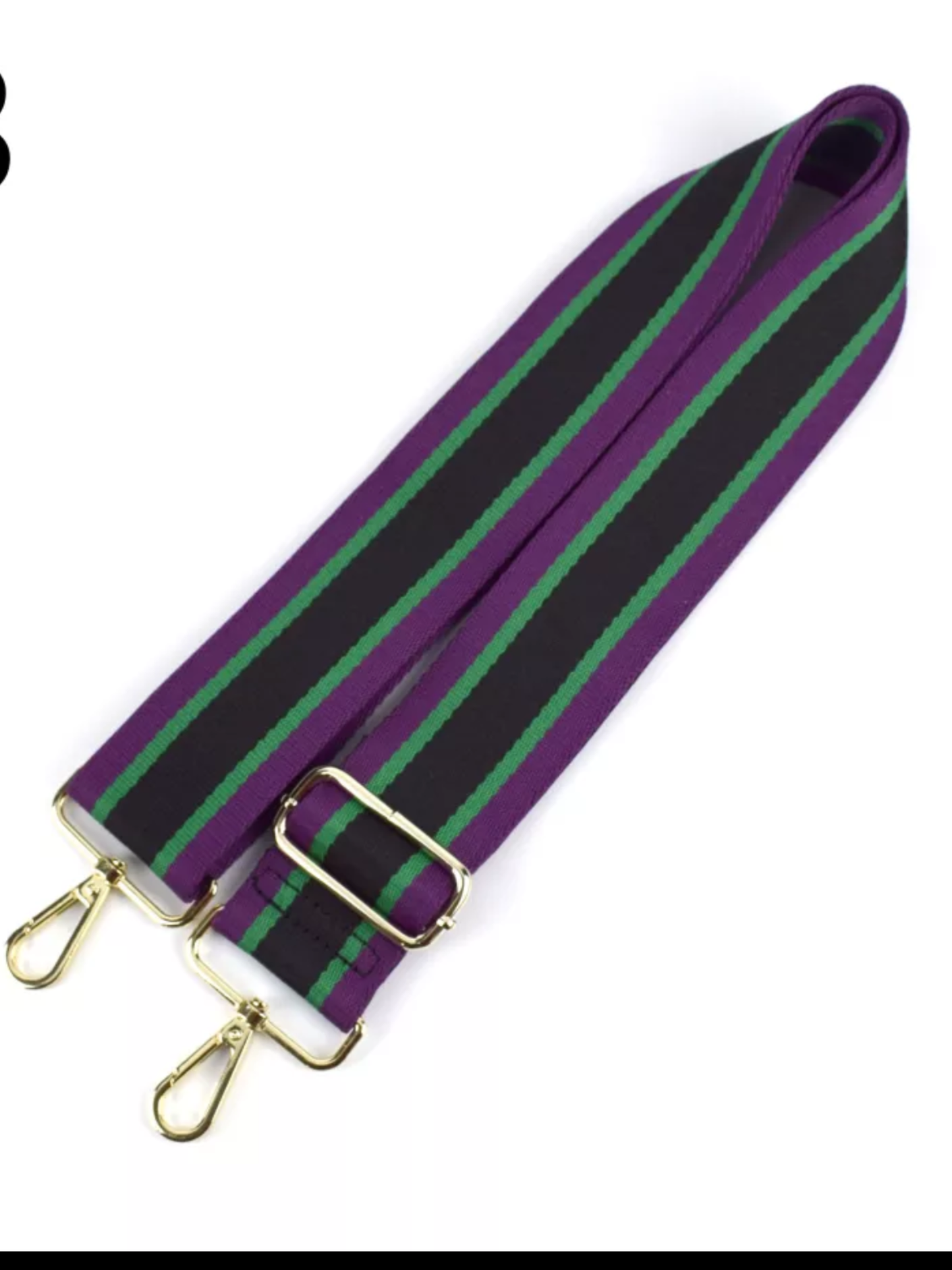 Black, Purple, Green Striped Bag Strap with gold hardware-  5 cm width   💜💚🖤