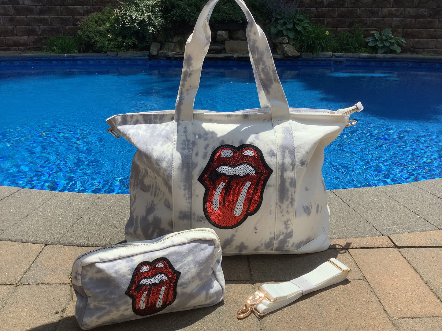 Sequin Stones Tongue Tiedye Canvas Tote Bag, Pouch & Strap Set - Grey