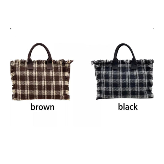 Plaid Fringe Tote Bag - Brown or Black