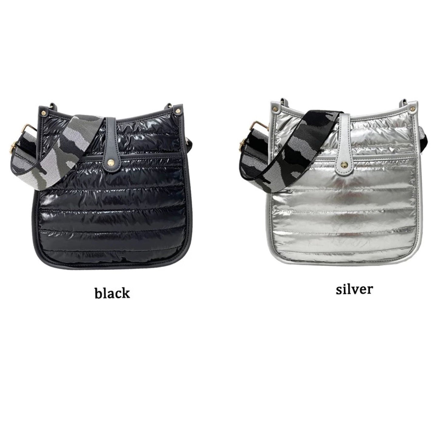 Metallic Nylon Quilted Puffer Bag - Black or Silver