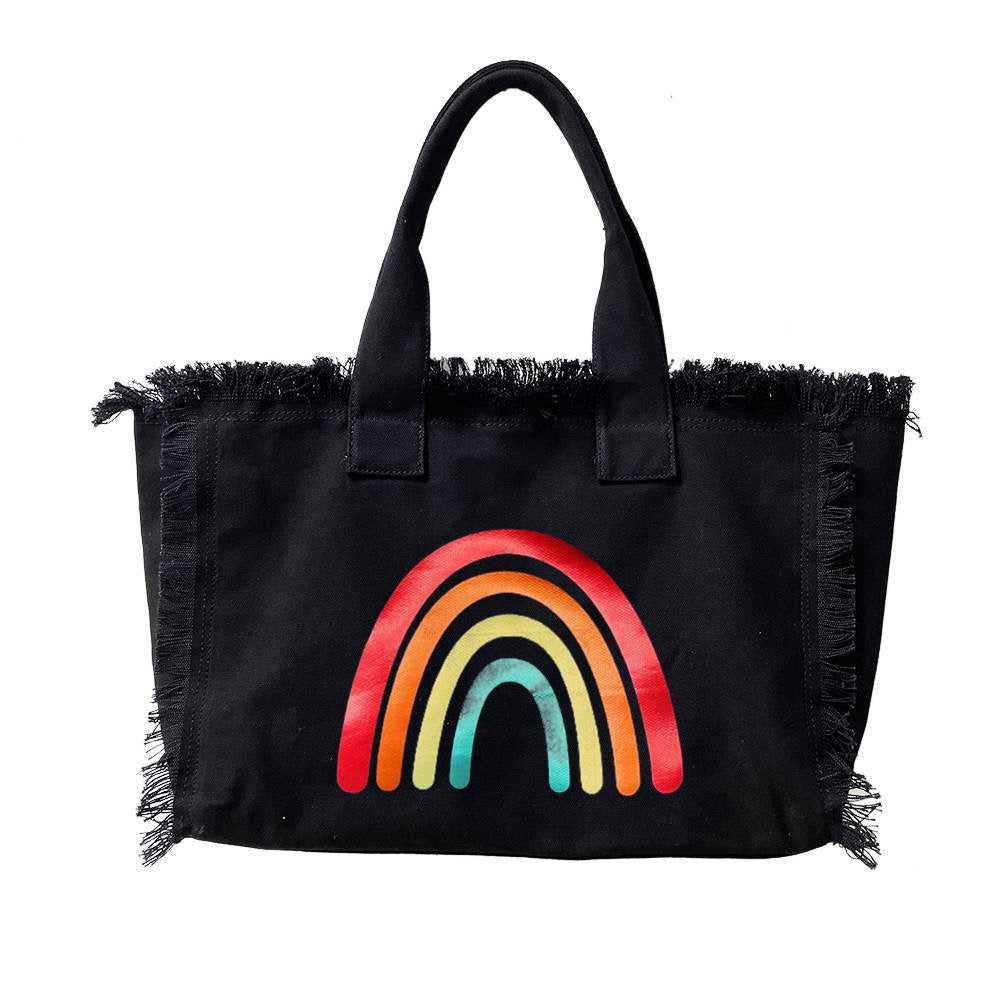 🌈 Rainbow Canvas Fringe Tote - Black