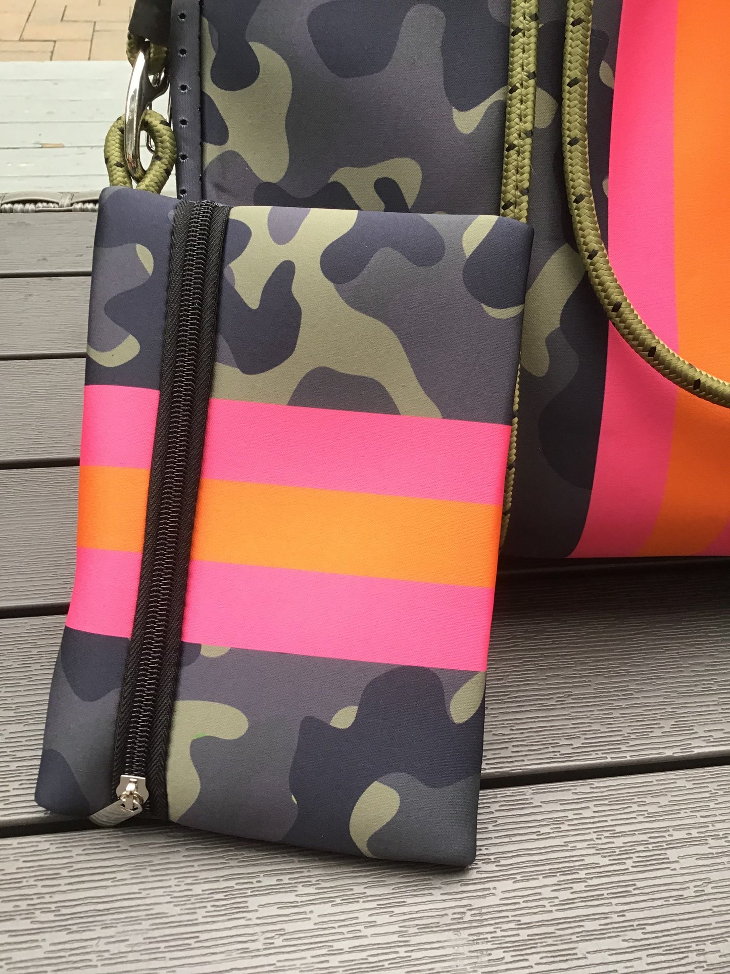 Green Camo with Neon Orange/Pink Stripe Neoprene Tote bag 🧡💗