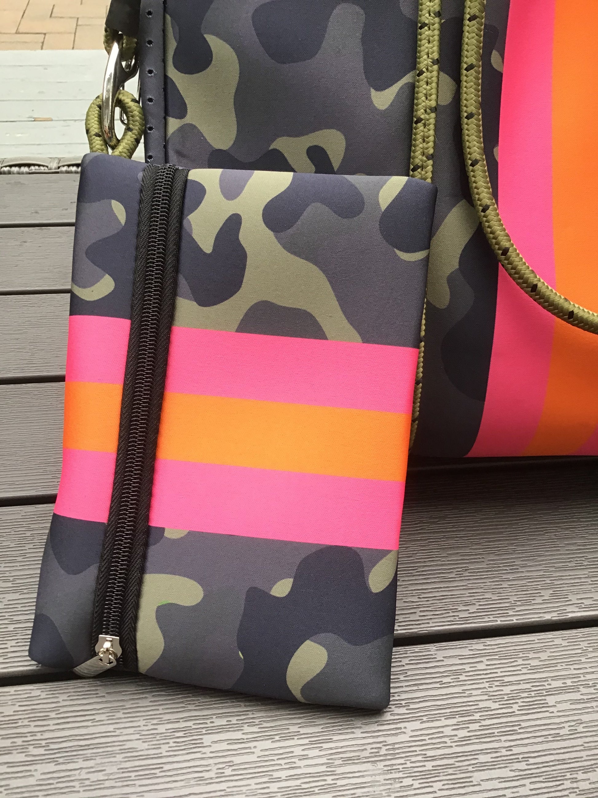 Neoprene Tote Bag Green Camo w/ Pink & Orange Stripes