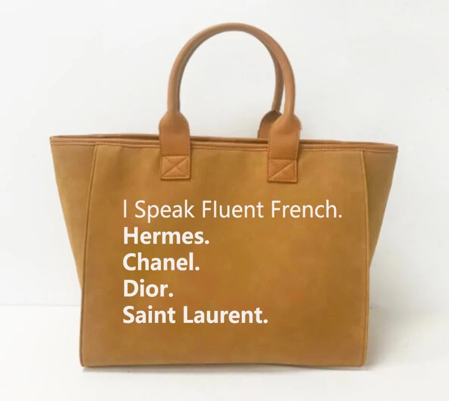 Speak French Tote - Camel, Grey, Black