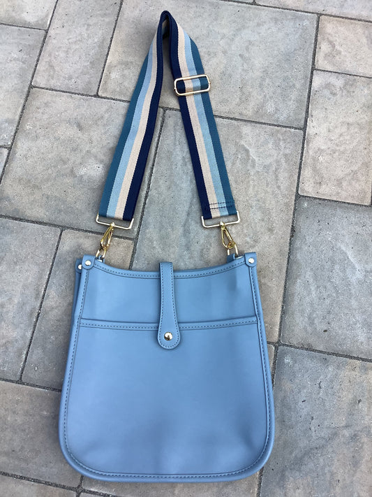 Light Blue Vegan Leather Messenger Bag with Multi Stripe Strap