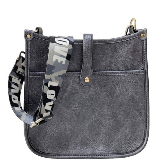 Grey Vintage Vegan Leather Messenger Bag with Camo Love Strap