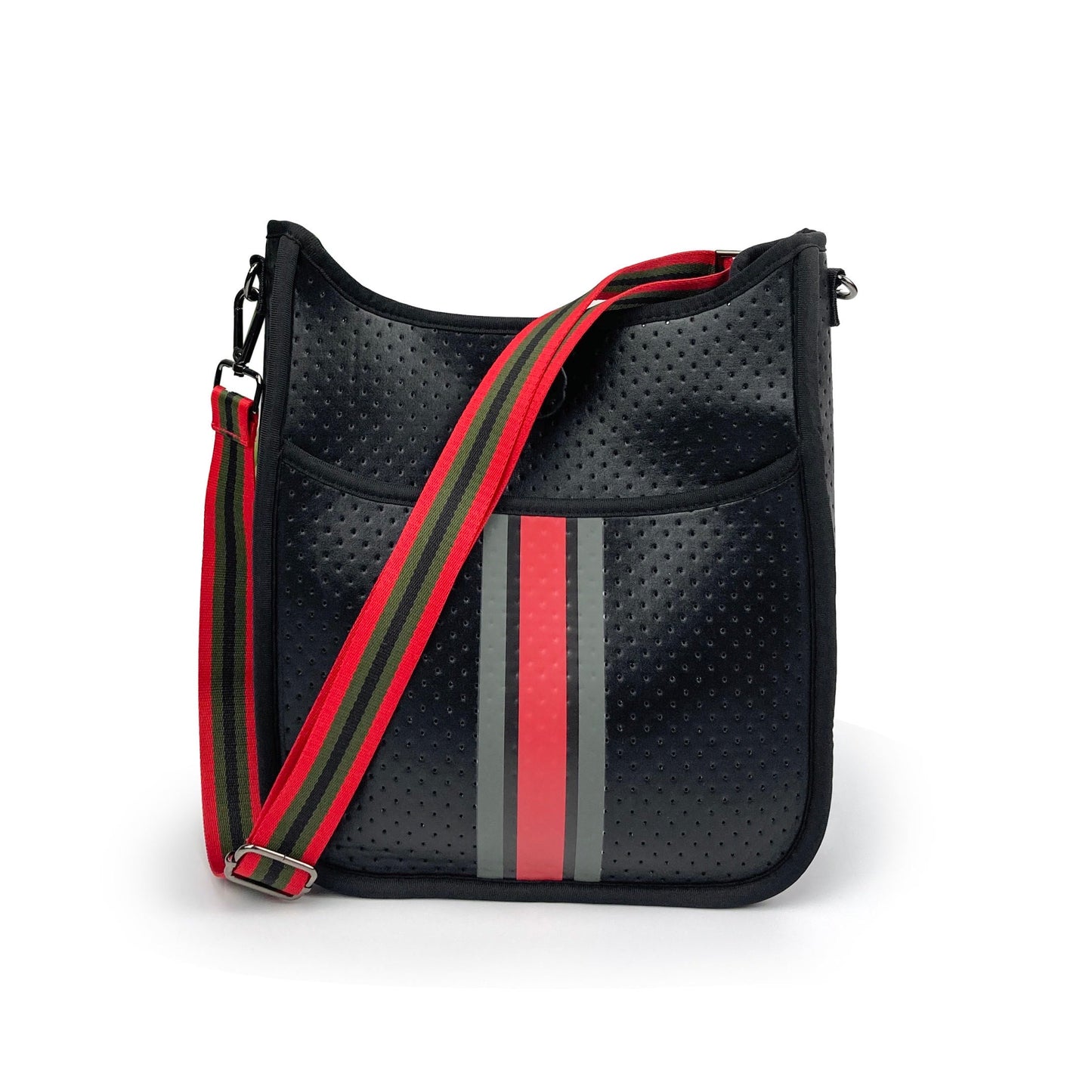 Black Metallic Neoprene Messenger Bag with Red & Green Stripe