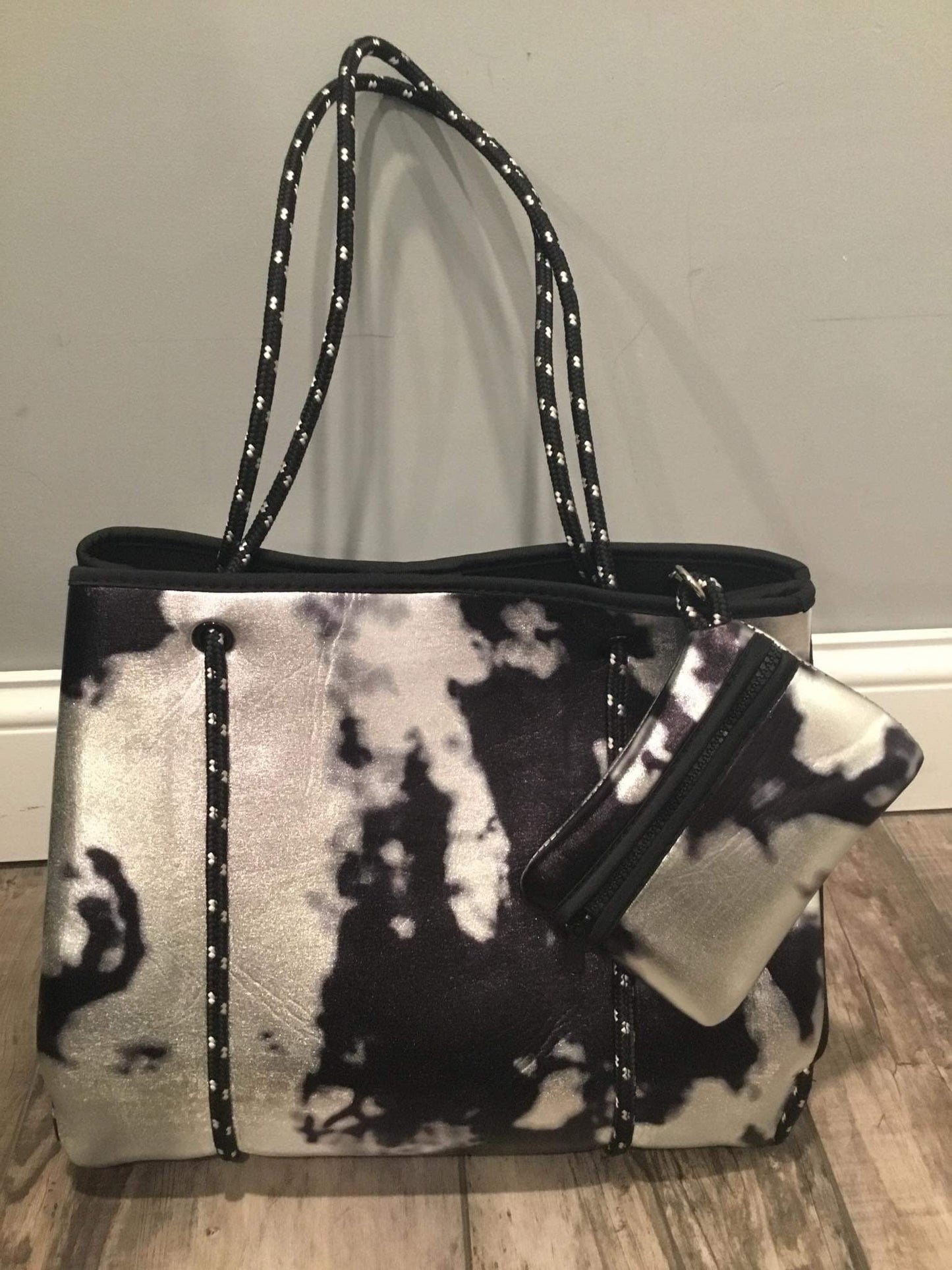 Black Metallic Silver Tiedye Neoprene Tote