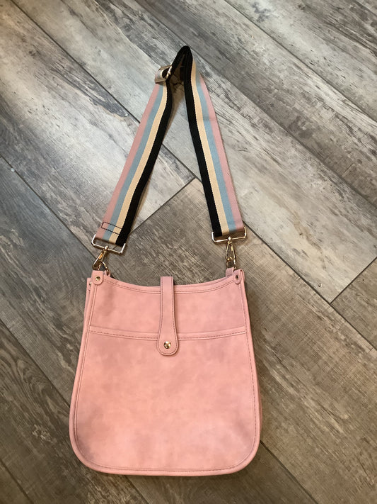Light Pink Vintage Vegan Leather Messenger Bag with Pink/Blue/Cream/Black Strap