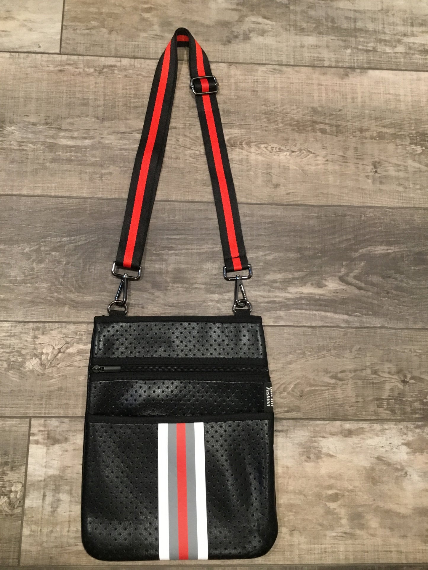 Black neoprene crossbody with Red, Grey and White stripes ❤️🖤