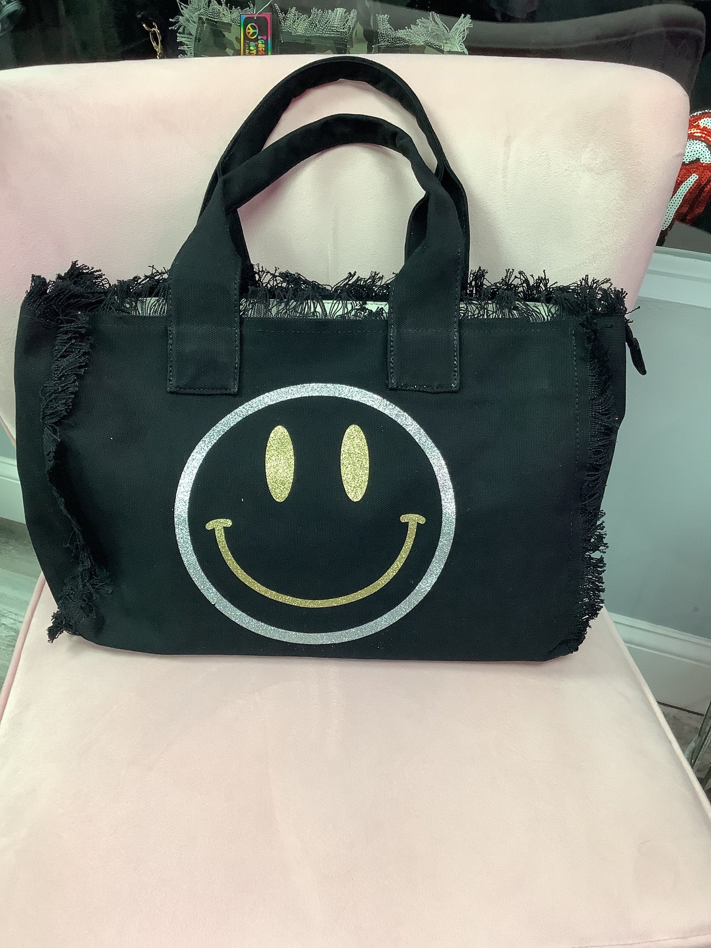 Metallic Gold Silver Smiley Face Canvas Fringe Tote - Assorted Colors