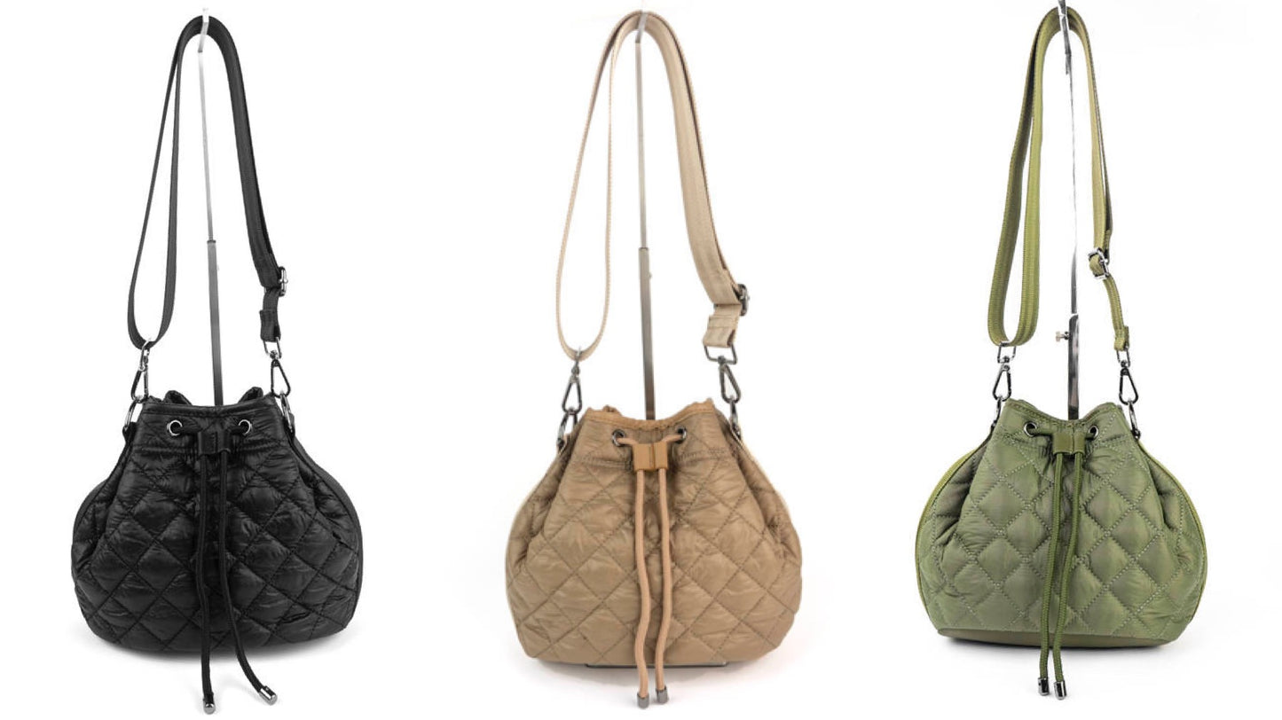 Quilted Puffer Bucket Bag - Tan, Black or Olive