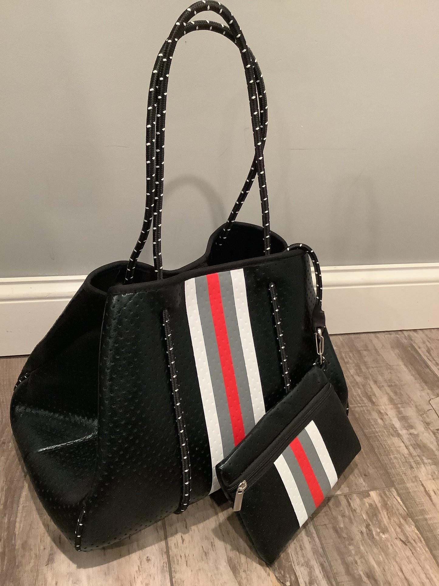 Metallic Black Neoprene with Red & White Stripe Neoprene tote 🖤❤️🤍