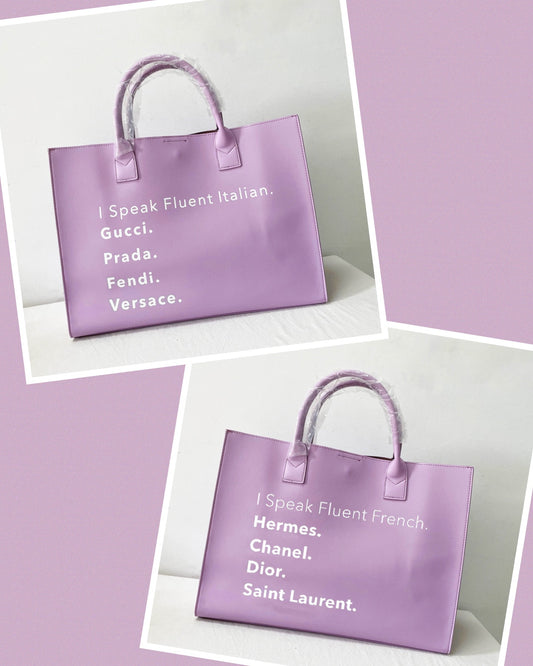 I Speak Italian or French Vegan Leather Tote - Lavender