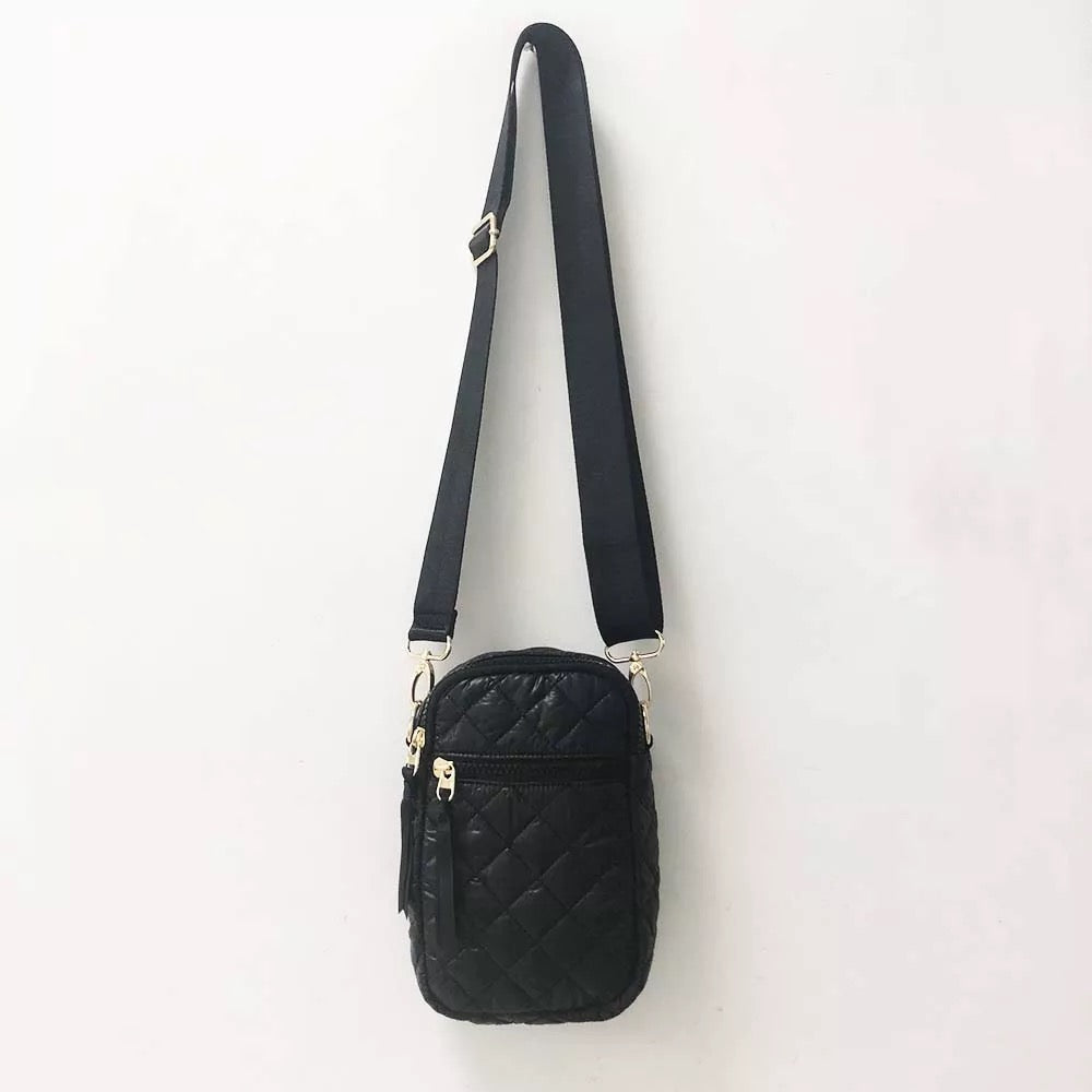 Black Quilted Cell Phone Crossbody Bag